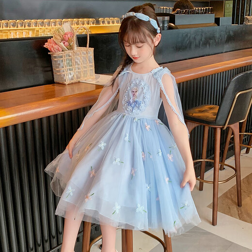 Anneyol Snow White Skirt Frozen Girls Summer Dress Medium-Grand Children's Baby Spring and Autumn Puffy Gauze Skirt A841 Blue 120
