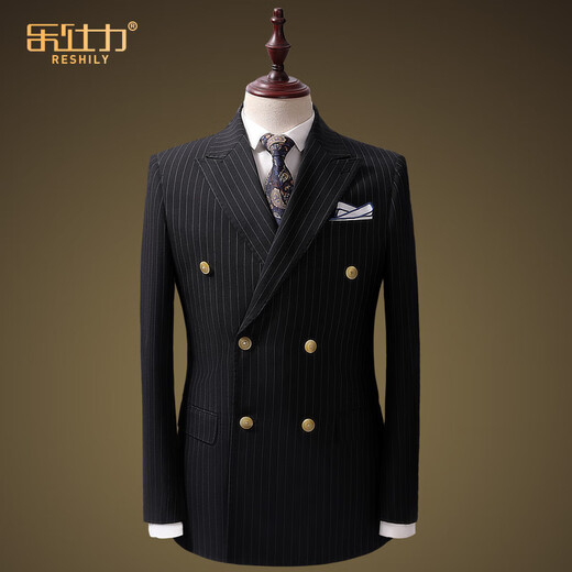 Leshili casual suit suit for men, high-end wool double-breasted striped slim business suit, groom's wedding dress, wool gray and black stripes, jacket + pants, 175/L 50 size, default 32 size pants