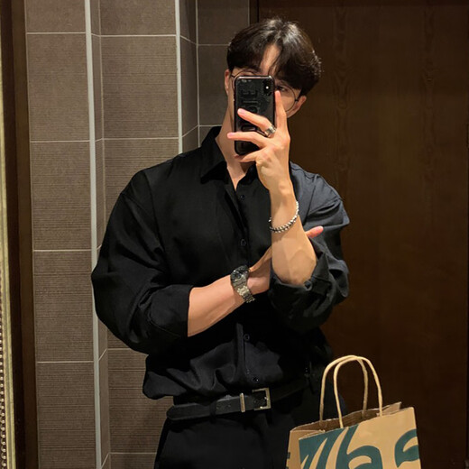 Мужская рубашка Kennedy, высококачественная внутренняя одежда с длинными рукавами, летнее весеннее и осеннее пальто, свободная рубашка из ледяного шелка, черная - с длинными рукавами, слегка эластичная, свободная - рубашка 2XL 170CM-178CM