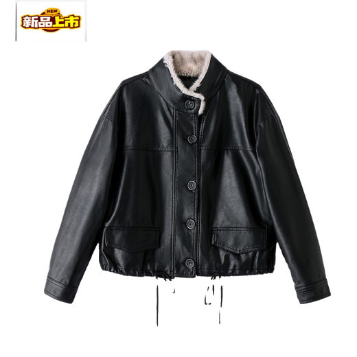 Chujing Leather Jacket Women's Autumn and Winter Short Style 2025 New European Style Fashionable Versatile Velvet Thickened Leather-Cotton Card Color M