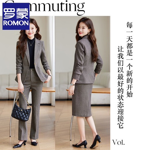 ROMON light coffee woolen suit jacket for women autumn and winter 2025 new high-end temperament small professional thick suit suit dark gray (suit + pants) M
