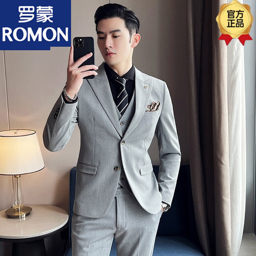 ROMON suit men's slim-fitting British style groom's suit suit men's Korean style trendy wedding dress casual formal wear off-white (suit + pants + vest + shirt) collar M