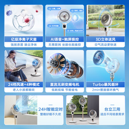Morphyrichards air circulation fan negative ion purification sterilization floor fan voice 3D shaking head turbine ventilation fan convection fan DC variable frequency electric fan household desktop vertical MR3802 net ion sterilization + voice control + 24 gears coconut milk white