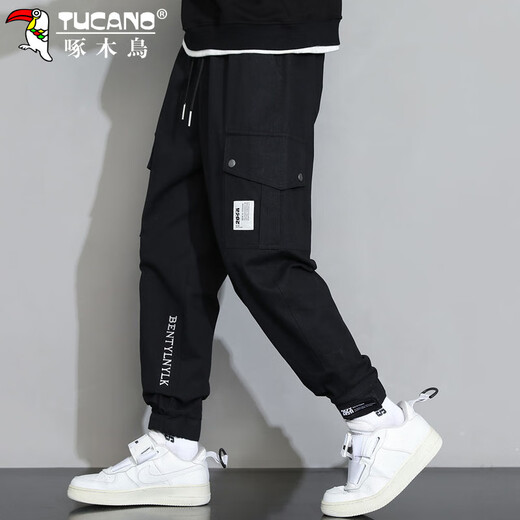 Woodpecker (TUCANO) overalls men's ankle-tie spring pants men's loose casual pants men's sports small-footed men's pants black XL