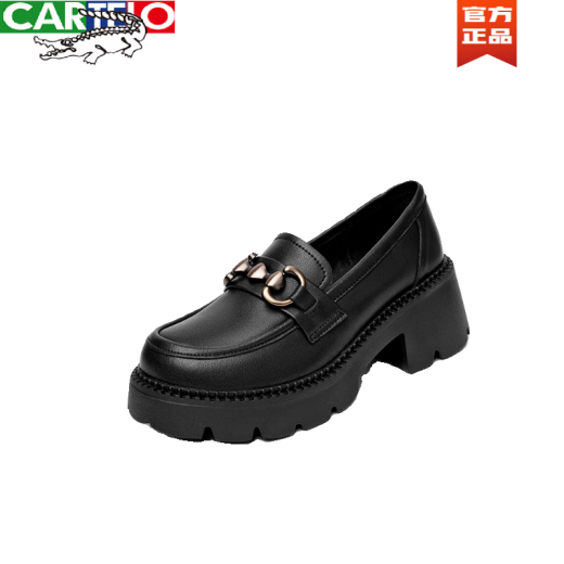 CARTELO Spring and Autumn 2024 New Women's Shoes Genuine Leather Versatile Small Leather Shoes Thick Sole Heightening Loaf Shoes Slip-on Shoes Black 35