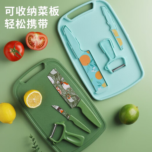 Baige Baby food supplement tools Household kitchen knife chopping board can store printed children's tableware complementary food scissors set Storage cutting board green + complementary food scissors + tool three-piece set