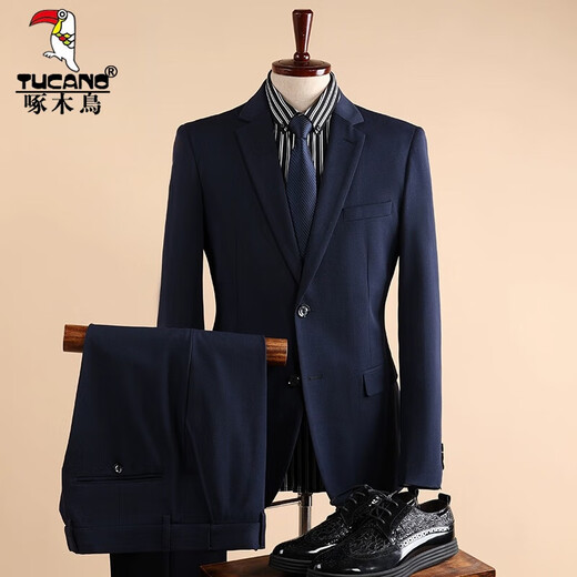 Woodpecker (TUCANO) Suit Men's Interview Slim Business Formal Casual Korean Style Blazer Groomsmen Grooms Wedding Evening Dress Black 03 Double Button Turn-Up Pocket Two-piece Set 3XL (Please note height and weight when ordering white shirt)