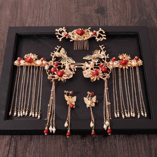 Caizhi Chinese style bridal Xiuhe headdress, simple phoenix crown, elegant Xiuhe suit, red step rocking wedding suit, hair accessory, small face, T100 suit + ear clip