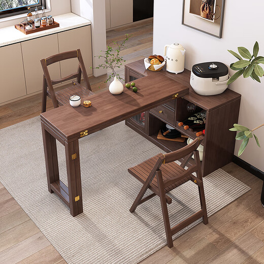 Siguyuan Solid Wood Folding Dining Table and Sideboard Integrated Small Household Dining Table Retractable Living Room Storage Cabinet Complete 1.2 Meter Single Sideboard (Walnut Color) Self-installation