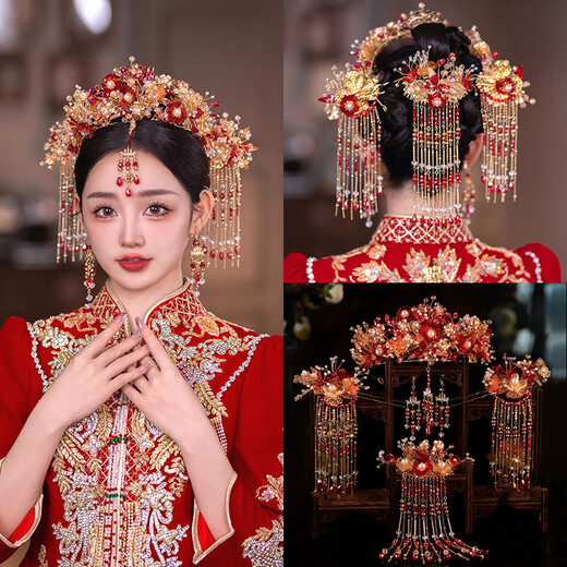 KZD New Chinese Style Xiuhe Headwear 2024 New Style Ancient Style Bridal Hair Accessories Xiuhe Clothing Wedding Dress Accessories Because of You Tiara Set (Ear Clip)