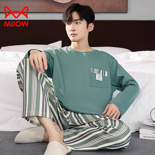 Cat Man (MiiOW) pajamas for men in spring and autumn pure cotton long-sleeved teenagers men's cotton casual large-size home clothing trousers suit LF9904 XL 175