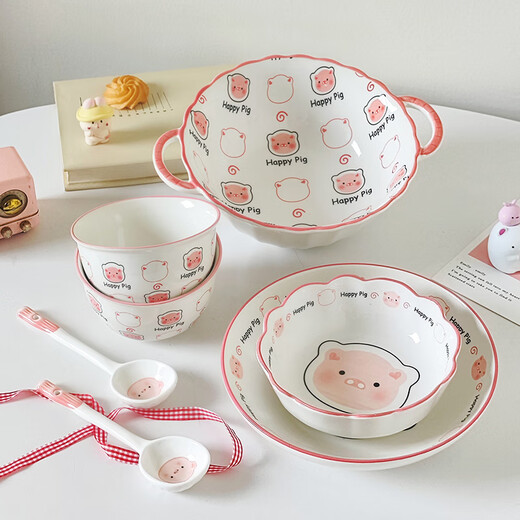 Persson (CERAMICS) Cute Cartoon Very Good-looking Rice Bowl 2025 New Tableware Set for Two Persons Cute Pig Two Bowls and Two Spoons