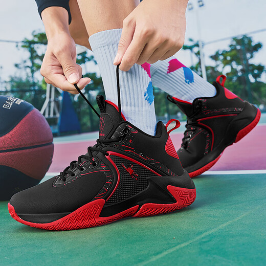 Jordan Green Basketball Shoes Men's Waterproof Leather Sports Shoes Lightweight Indoor and Outdoor Shock Absorbing Wear-Resistant Anti-Slip Combat Boots Autumn and Winter Black and Red-Leather Style 42