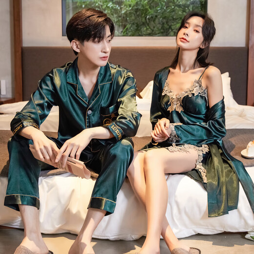 Modal 2 set price imitation silk couple nightgown for men and women spring and autumn suit shorts women's hanging skirt two-piece ice silk embroidered bathrobe 0511 black men's suit women's embroidered nightgown XL male + female L