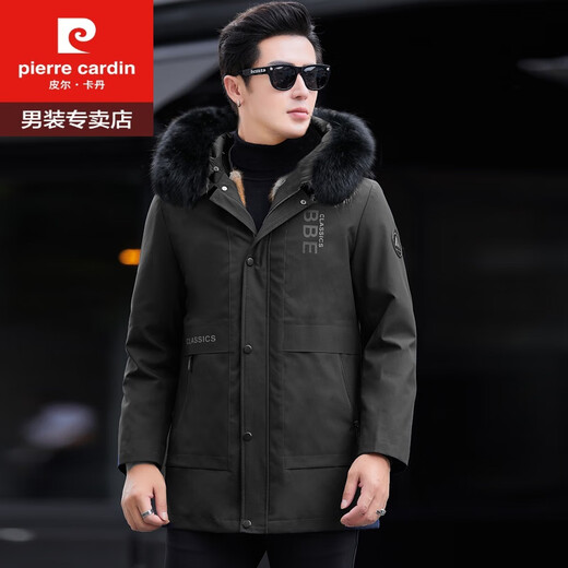 Pierre Cardin's new winter clothing men's mid-length parka fur all-in-one coat genuine mink fur lining thickened fur coat navy yellow raccoon fur collar M 170