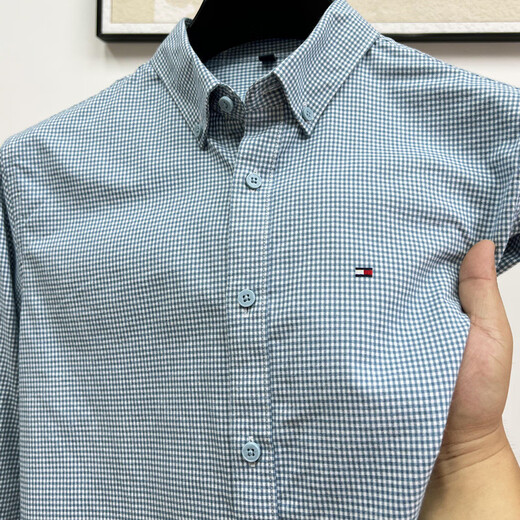 TOMMY JEANS genuine Tommy Tommy long-sleeved shirt men's spring new business casual pure cotton plaid non-iron shirt trendy long-sleeved blue plaid 100% cotton XL suitable for 140-155 Jin Jin equals 0.5 kg to wear