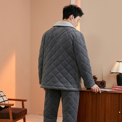 Fenton pajamas for men, three-layer thickened quilted, autumn and winter warm velvet lapel embroidered warm long-sleeved home wear set, retro gray-men's 2XL
