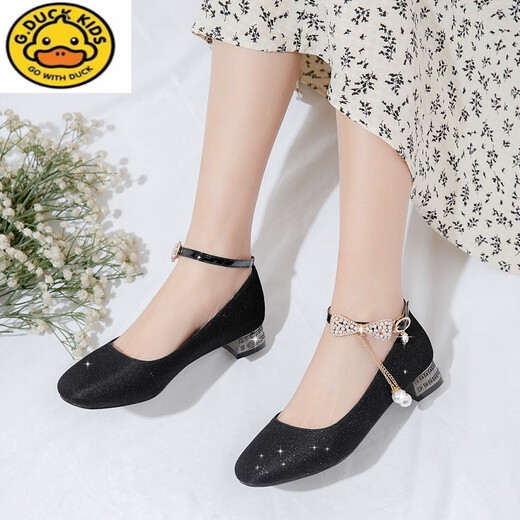 G.duck girls' leather shoes, princess shoes, medium-sized children's performance shoes, small host dress shoes, children's high-heeled single shoes, crystal shoes, white, size 18.5, 35