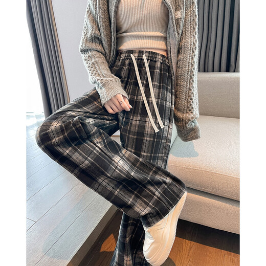 TonLion 2024 Women's Casual Slim Elastic Plaid Velvet Casual Pants Black Tone M