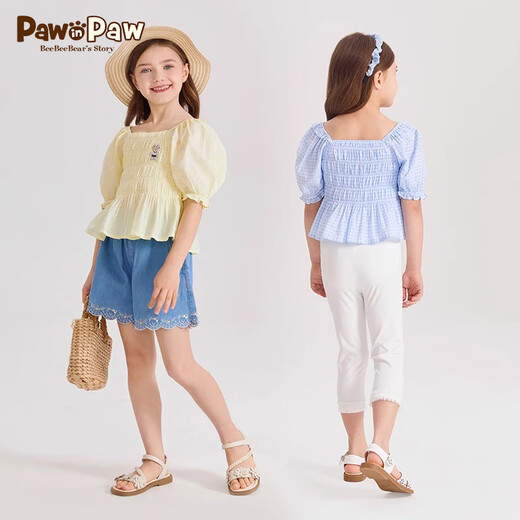 PawinPaw Cartoon Bear Children's Clothing Spring and Summer Girls Puff Sleeve Short Sleeve Shirt Sweet and Cute Yellow/30 110