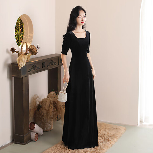Velvet black long evening dress slim dress art entrance ceremony musical instrument performance conductor presides over annual meeting black S