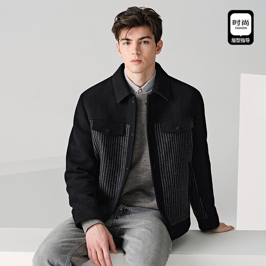 Dances with Wolves Jacket Men's Autumn and Winter Duck Down Lapel Wool Splicing Down Jacket Men 001 Black 175