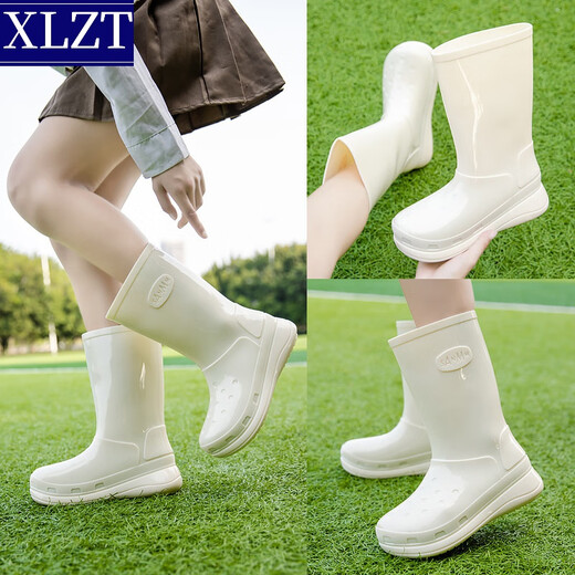 XLZT时尚中筒雨鞋女士防滑厚底厨房胶鞋外穿百搭防水洗车鞋 米黄【加棉】 36 (230mm)