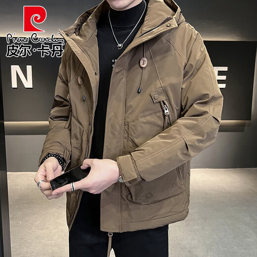 Pierre Cardin Work Jacket Men's Autumn and Winter 2025 New Trendy Brand Loose Pocket Zipper Design Jacket Thickened Coffee and Cotton Thickened XL 140-160Jin Jin is equal to 0.5 kg