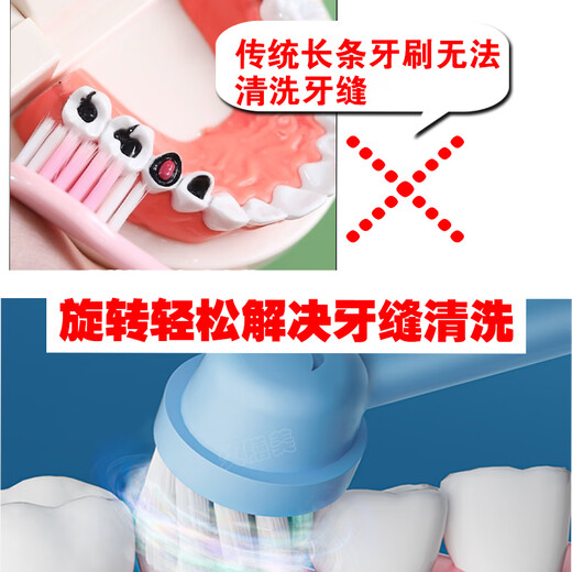 Jiushanmei Cepillo de dientes eléctrico para niños Cabeza redonda automática giratoria 3-6-8-12 años Niños Estudiantes Bebé Cabello suave Uso doméstico Azul + Total 2 cabezales de cepillo