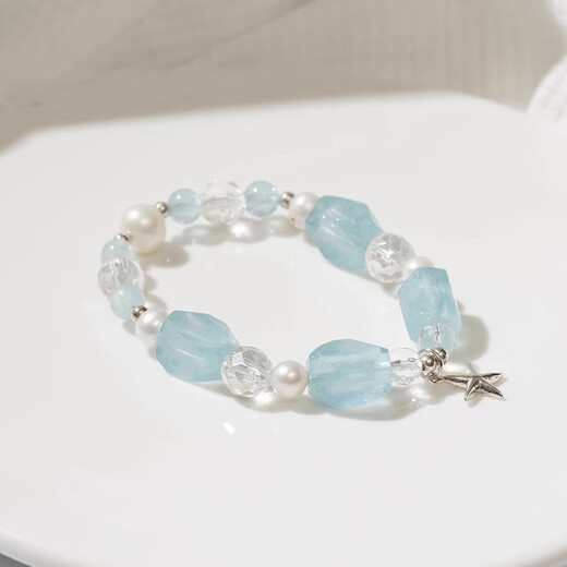 BOSFRU Aquamarine special-shaped crystal bracelet, small and fresh ins style pearl sterling silver star pendant, high-end gift for girlfriend, suitable for hand circumference 15cm