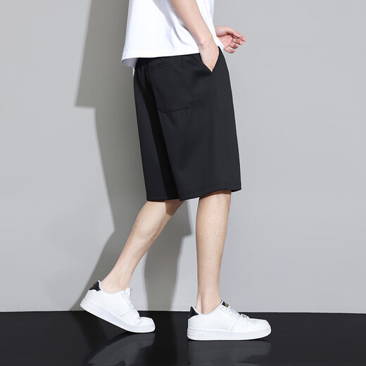 Pull-back shorts, summer men's outer wear, loose, thin, five-point pants, casual sports beach pants, high-end men's pants, black XL