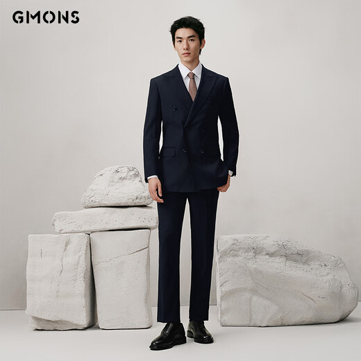 Guillomont double-breasted suit men's suit brown high-end suit business formal spring groom wedding dress suit top + pants Prussian blue 46