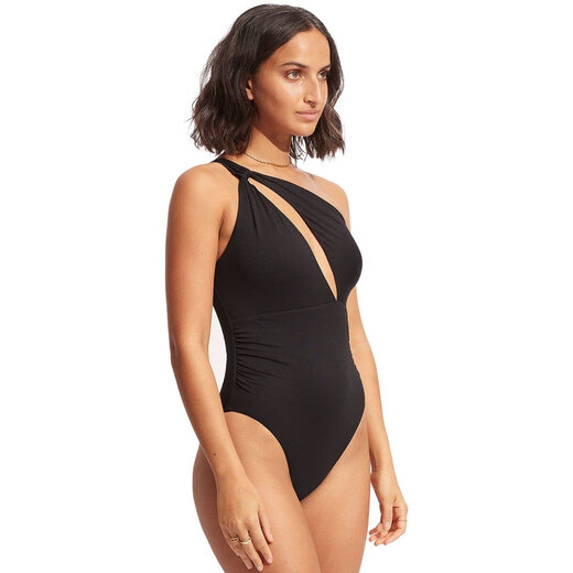 SEAFOLLY Women's one-shoulder hollow one-piece swimsuit Eco-friendly fabric Full coverage design Eco Collective Black 4