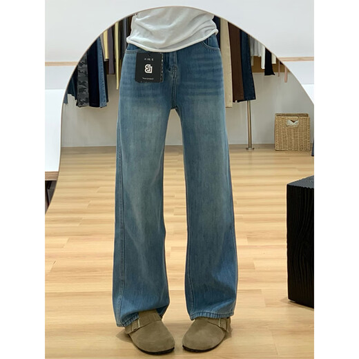 Cotton narrow version straight-leg plus velvet thickened jeans for women autumn and winter casual pants new high waist slimming small wide legs blue 11 plus velvet high quality 36 L 105-115Jin Jin is equal to 0.5 kg