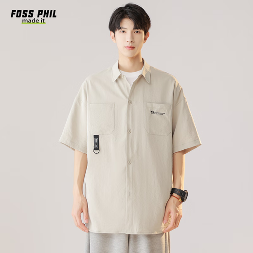 Foss Phil workwear short-sleeved shirt men's summer loose and versatile casual half-sleeved shirt top jacket FPCS8 beige XL Foss Phil workwear short-sleeved shirt men's summer loose and versatile casual half-sleeved shirt top jacket FPCS8 beige XL