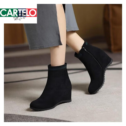 CARTELO Women's Boots Mid-calf Boots Women's Autumn and Winter Increased Mid-Heel Martin Boots Black 414243 Wedge Large Size Short Boots Women's Shoes Black Green Velvet Lining 37