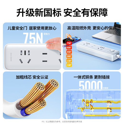 Green Alliance plug-in strip/socket board/row plug/desktop socket expansion new national standard plug-in board large spacing hole spacing wiring board dormitory household five-hole wire with switch 3-position master control combination, total length 0.5 meters