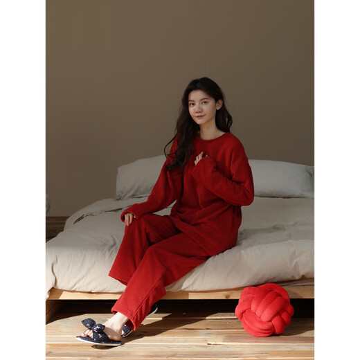 美家臣【加厚加绒】睡衣女款秋冬季珊瑚绒保暖红色简约条纹法兰绒家居服 女款-R7374 M