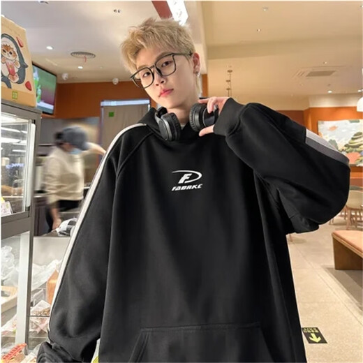 Luyal American fashion high street heavyweight hooded plus velvet sweatshirt for men in autumn and winter, loose and versatile, stiff Zhongshan jacket for men, black plus velvet 2XL