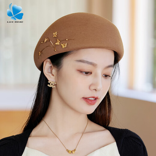 Lanshimengdai 2024 Autumn and Winter Warm Wool Wool Butterfly Beret Elegant Retro Painter Hat Western Fashion Curly Beret Elegant * Khaki (High Quality - 100% Wool) One Size for Adults (Hidden Adjustment 56-57.5cm)