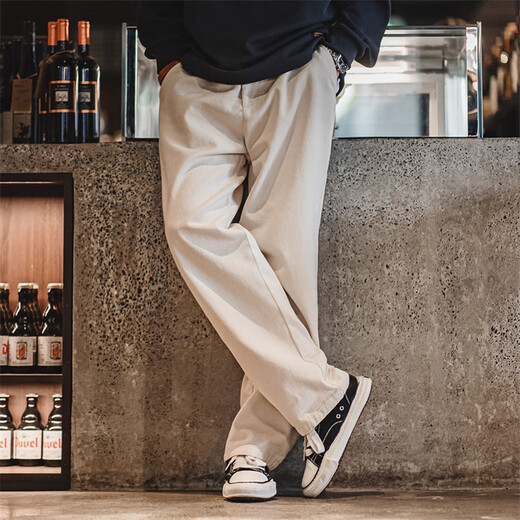 马登工装美式复古棉籽壳原色牛仔裤男秋季cleanfit宽松直筒休闲长裤子 米白色 【微喇/美式高街男裤】 L