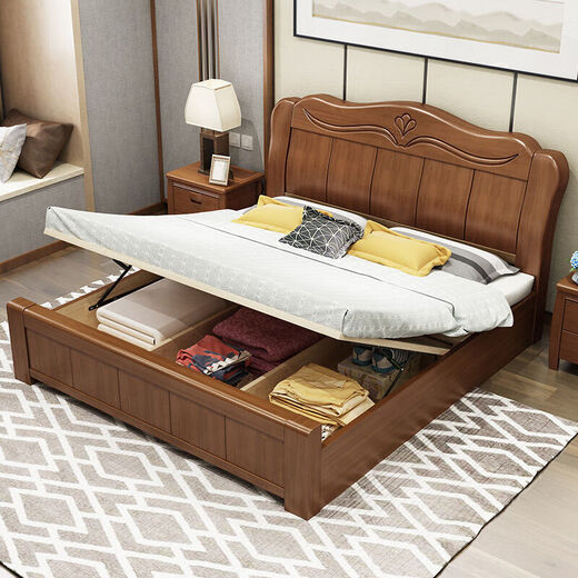 Modern Chinese double bed rubber wood solid wood bed 1.5m bed home bedroom 1.8m storage large bed wedding bed single bed color please note 1800*2000mm frame structure