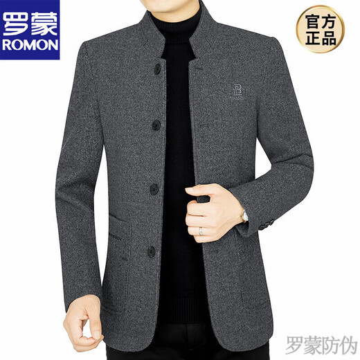 Luo Meng autumn and winter new Chinese stand collar wool casual suit tunic suit for middle-aged men slim Chinese woolen suit jacket 68153 dark gray 3XL