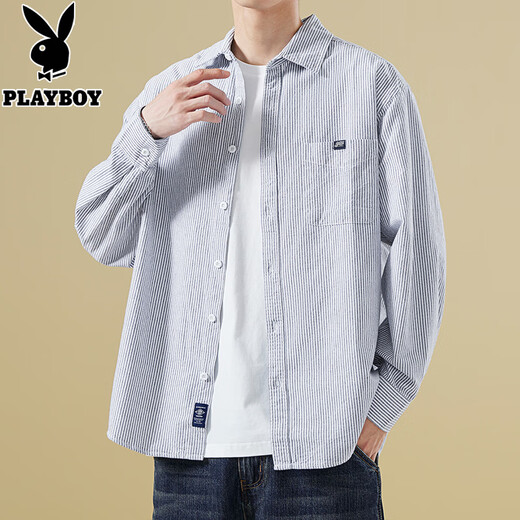 Playboy spring and autumn pure cotton light blue vertical striped long-sleeved shirt men's trendy loose casual handsome shirt jacket men's gray XL weight recommended 135-150Jin Jin equals 0.5 kg