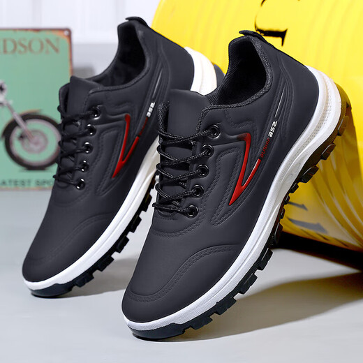 Hongxinger sports shoes men's leather sports versatile casual running shoes trend all black kitchen waterproof 916PU black red 42