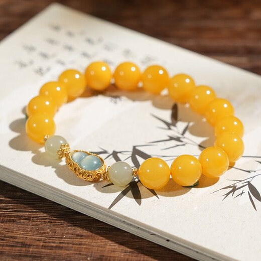 Qingchengshan Cultural and Creative Beeswax Bracelets Women's Chicken Oil Yellow Real Amber Hetian Jade Bracelet Fashion Accessories Birthday Gift 10mm Russian Chicken Oil Beeswax Gourd Bracelets