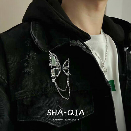 QUAMER black butterfly brooch tassel metal women's autumn and winter ins design suit chest black butterfly