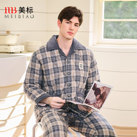 American Standard Gifts Winter New Couple Pajamas Thickened Three-layer Cotton Warm Men's and Women's Casual Plaid Can Be Weared Outer Home Clothes Dark Gray (Coral Velvet Inner Layer) XL