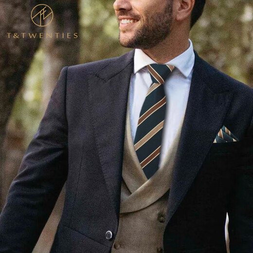 T / vingt-vingt costume rétro britannique Tie à la glissière sans nœud Men sans nœud Force Business College Style Silk vert à rayures paresseux [Tie + serviette de poche + clip de cravate] Ensemble 683
