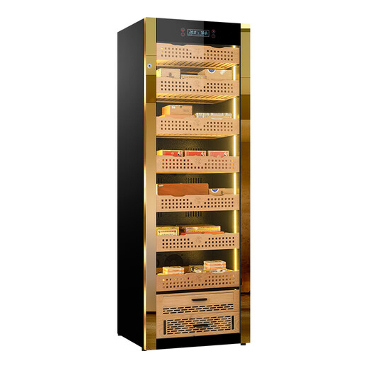Cigar cabinet with constant temperature and humidity, household compressor, air refrigeration and humidity control, large capacity for tomato cultivation, moisturizing and ammonia removal, cedar wood shelf, luxury gold, aluminum liner 448L